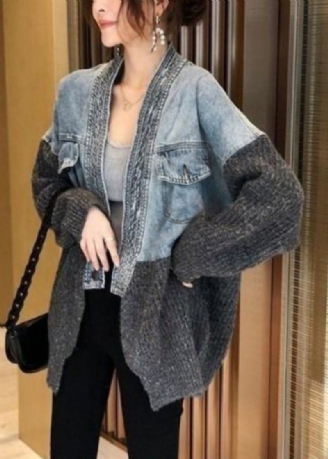 2024 Höst Vinter Ny Loose Fit Denim Splitsad Stickad Cardigan Coat