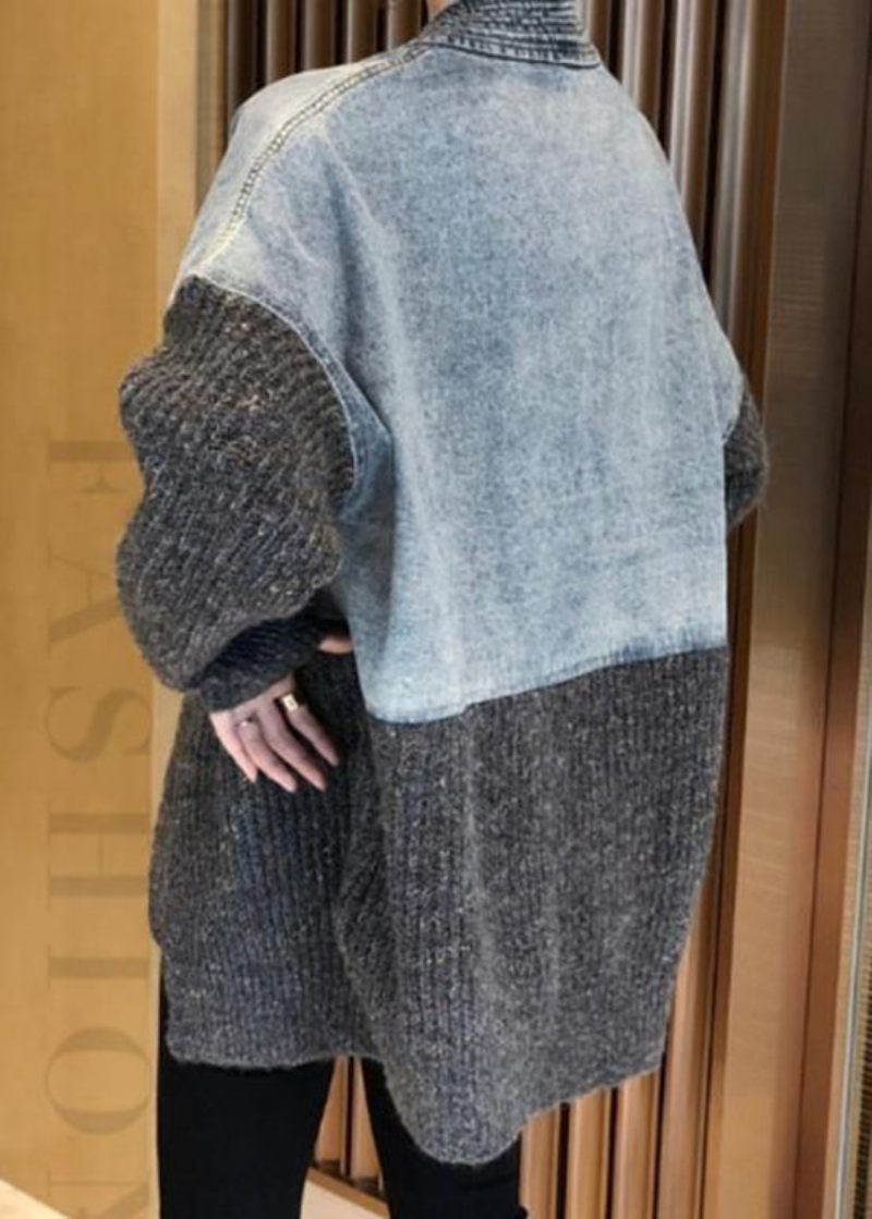 2024 Höst Vinter Ny Loose Fit Denim Splitsad Stickad Cardigan Coat - Koftor för kvinnor