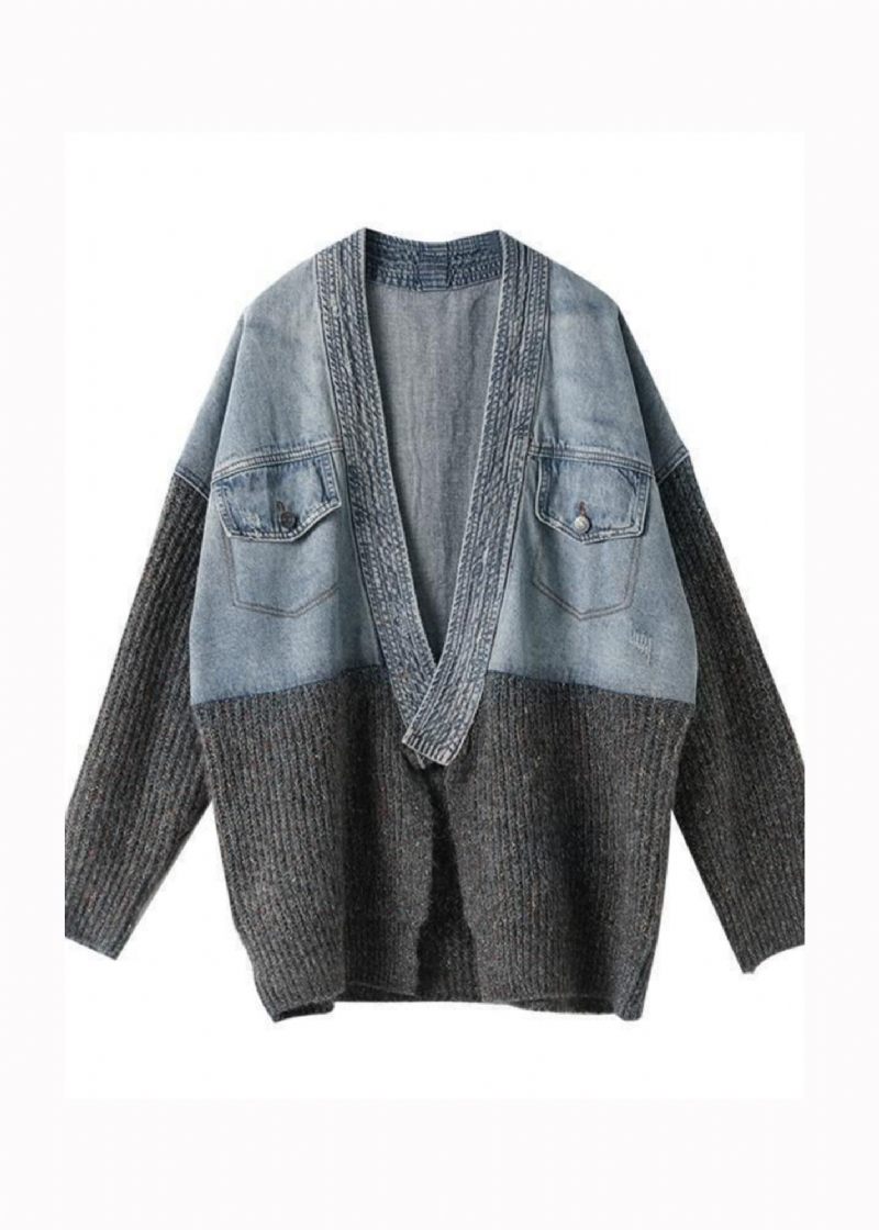 2024 Höst Vinter Ny Loose Fit Denim Splitsad Stickad Cardigan Coat - Koftor för kvinnor