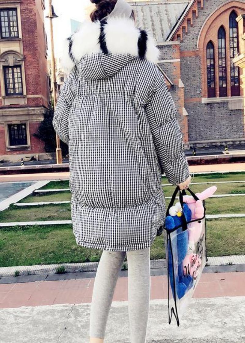 2024 Svart Rutig Dunjacka Kvinna Plus Size Kläder Parkas Huva The Rabbit Wool Eleganta Kappor - Dunjackor för kvinnor