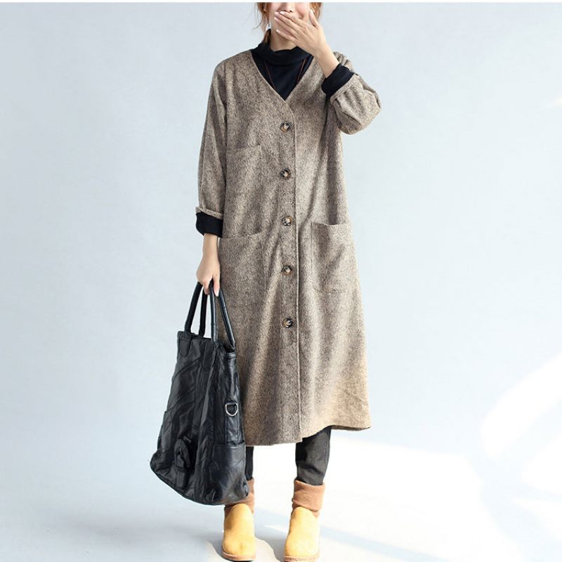 2024 Vintage Fickor Khaki Bomull Långa Cardigans Oversize Långärmade Trenchcoats - Trenchcoats för kvinnor