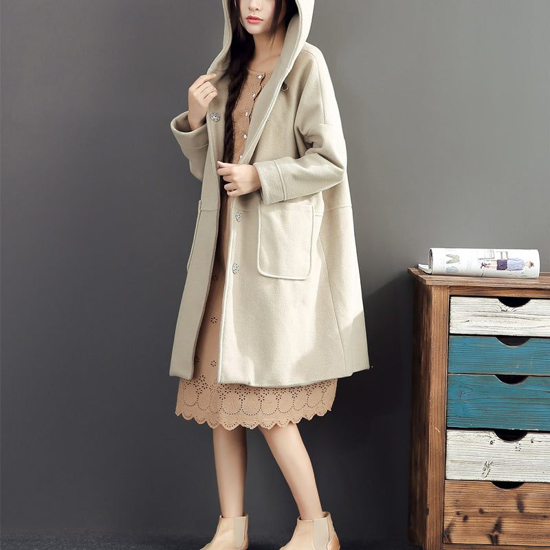 2024 Vinter Ljusgula Yllerockar Plus Size Huva Elegant Trenchcoat - Ljusgul