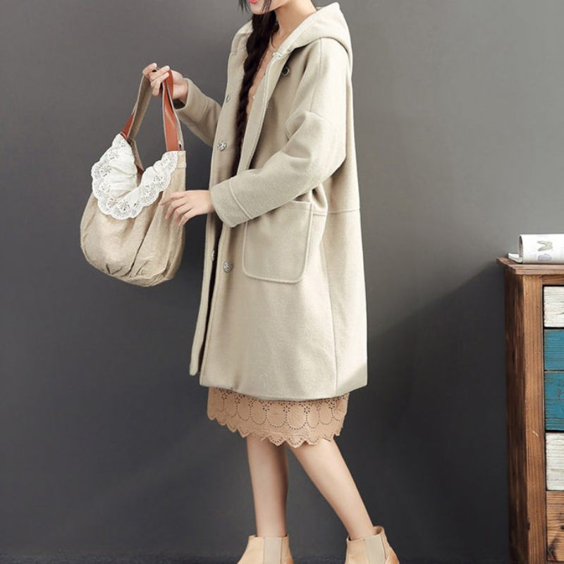 2024 Vinter Ljusgula Yllerockar Plus Size Huva Elegant Trenchcoat - Ljusgul