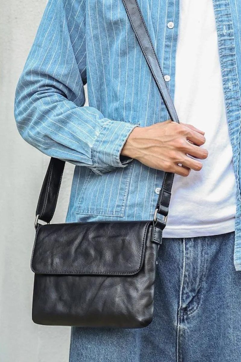 Äkta Läder Crossbody-väska För Män Flap Axelväskor Svart Liten Messenger Bag Work