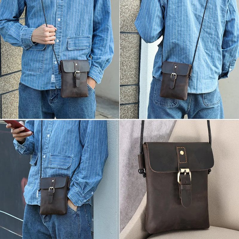 Äkta Läder Herr Vintage Casual Messenger Bag Mini Shoulder Crossbody Bag - Kaffe