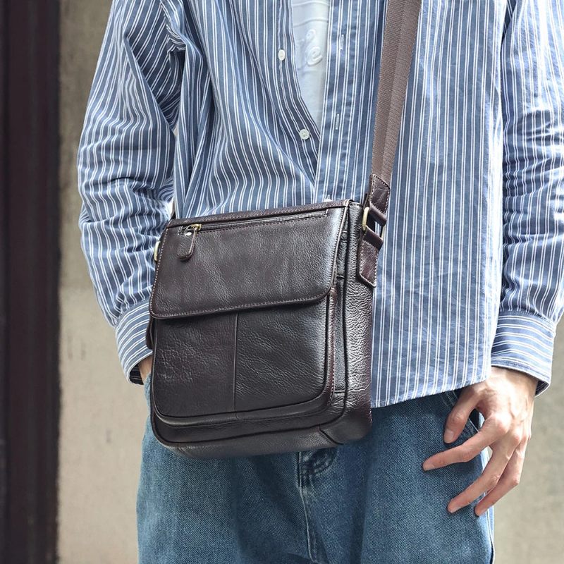 Äkta Läder Herr Vintage Handväskor Klaff Axelväskor Casual Messenger Bags Crossbody Bag - Kaffe