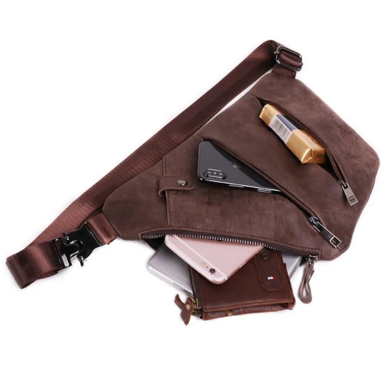 Äkta Läder Messenger Bag Casual Crossbody Bag Herr Handväska Bröstväska Axelväska - Svart