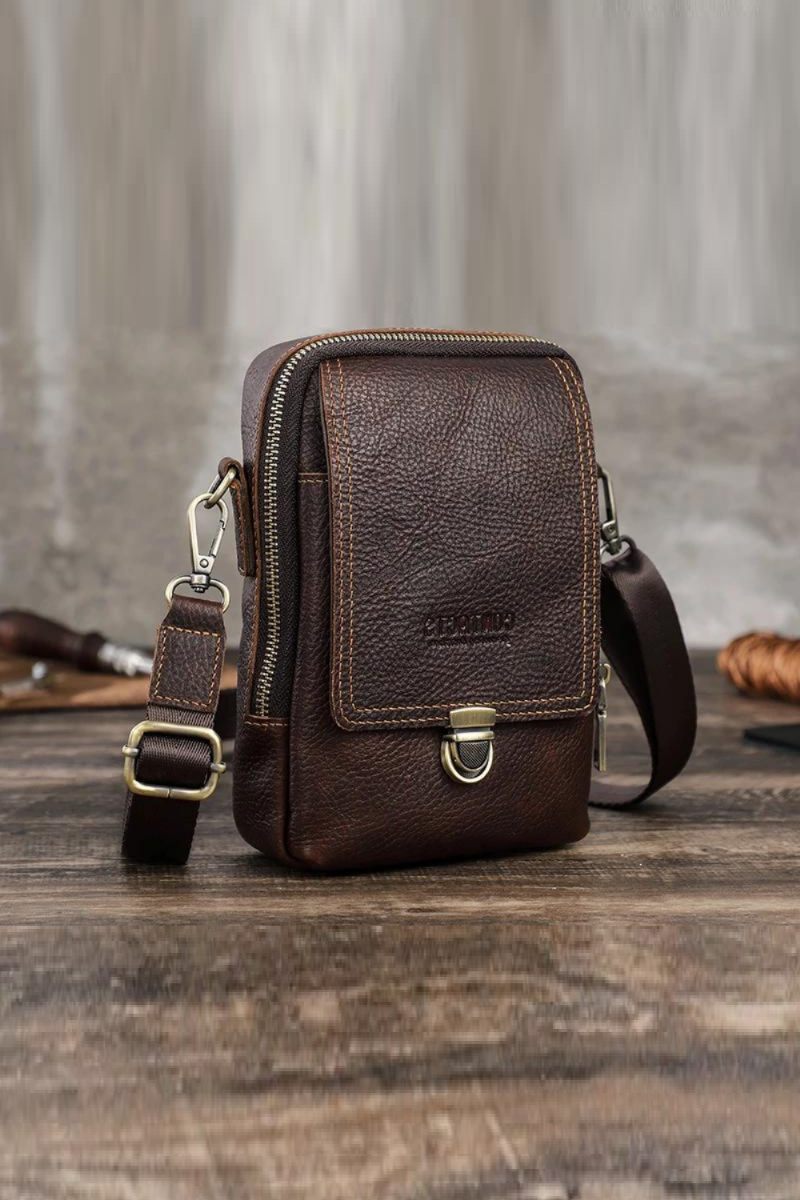 Äkta Läder Small Messenger Bag För Män Casual Crossbody Axelväska Med Reseväska