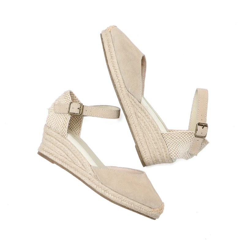 Äkta Öppna Solida Sandaler Elastisk Casual Sandal För Kvinnor - 4.5Cm Beige Läder