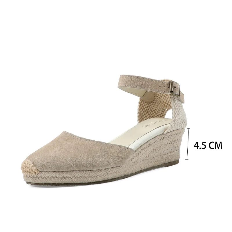 Äkta Öppna Solida Sandaler Elastisk Casual Sandal För Kvinnor - 4.5Cm Beige Läder