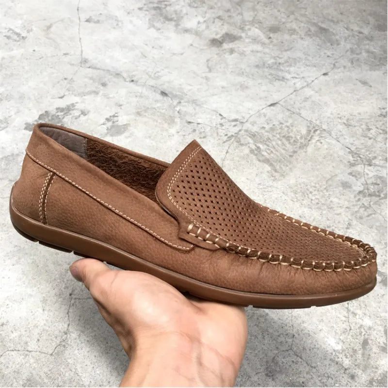 Andas Ihåliga Loafers I Äkta Läder Sommar Skor För Män Bekväma Mjuk Botten Vardagsskor Herr Slip-on Platta - Brun