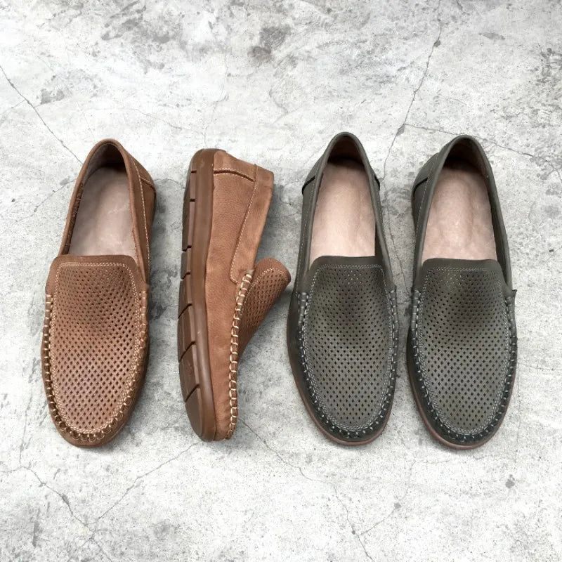 Andas Ihåliga Loafers I Äkta Läder Sommar Skor För Män Bekväma Mjuk Botten Vardagsskor Herr Slip-on Platta - Brun