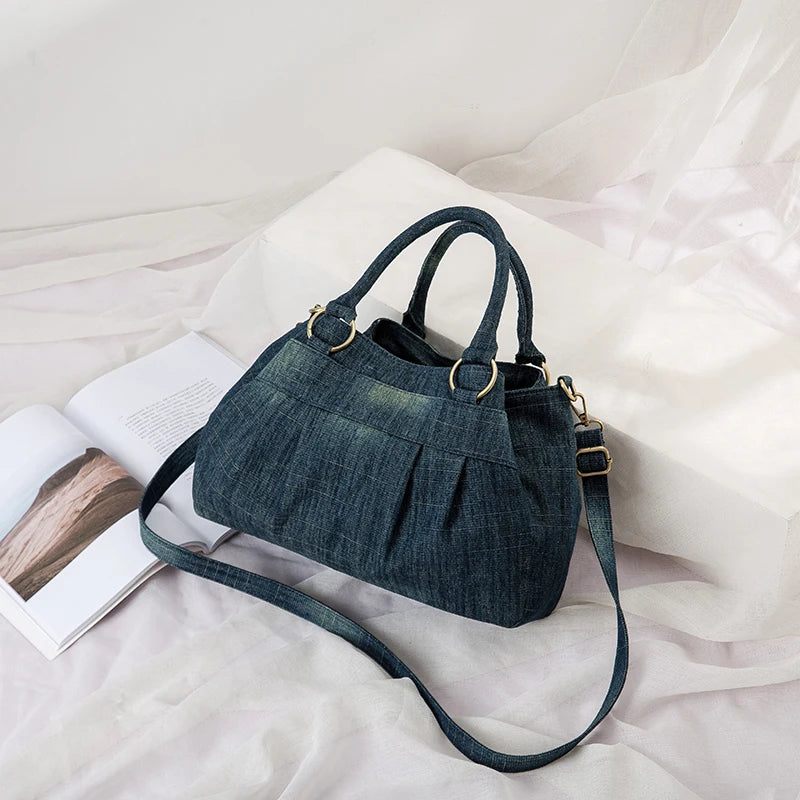 Annmouler Designer Dam Denim Crossbody-väska Axelremsväska Med Stor Kapacitet Med Avtagbar Jeansväska - Mörkblå