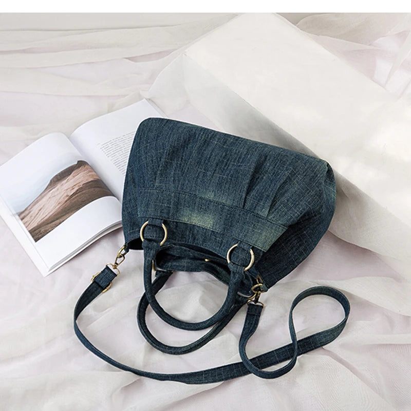 Annmouler Designer Dam Denim Crossbody-väska Axelremsväska Med Stor Kapacitet Med Avtagbar Jeansväska - Mörkblå