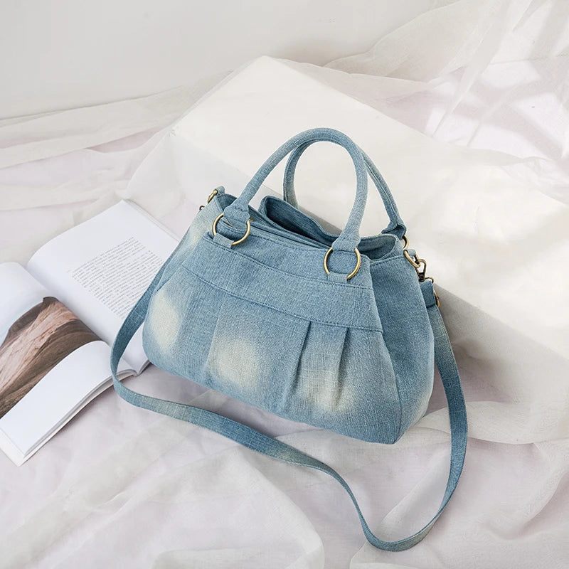 Annmouler Designer Dam Denim Crossbody-väska Axelremsväska Med Stor Kapacitet Med Avtagbar Jeansväska - Mörkblå