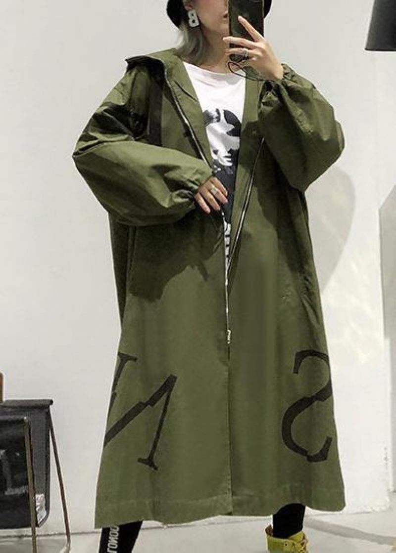 Armégrön Kappa Plus Size Lång Höstkappa Huvfickor Med Dragkedja Ytterkläder - Trenchcoats för kvinnor