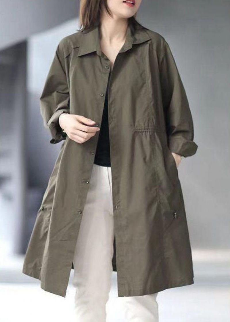 Army Green Button Cotton Cinched Coat Spring - Blå