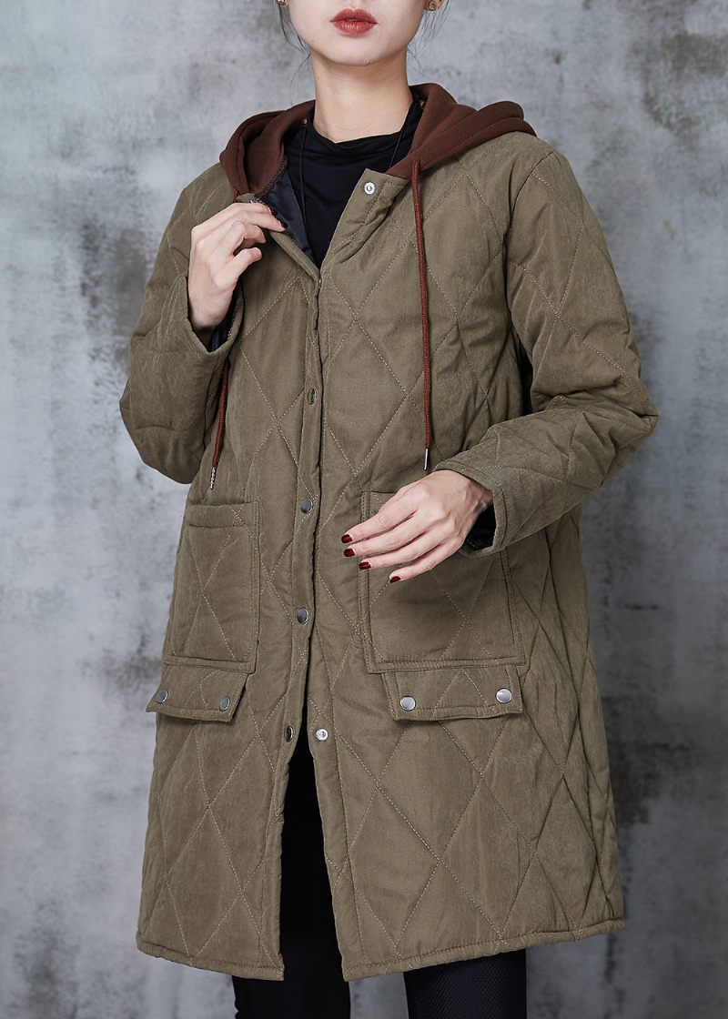 Army Green Patchwork Fina Bomullsfyllda Jackor Hooded Spring - Vinterkappor för kvinnor