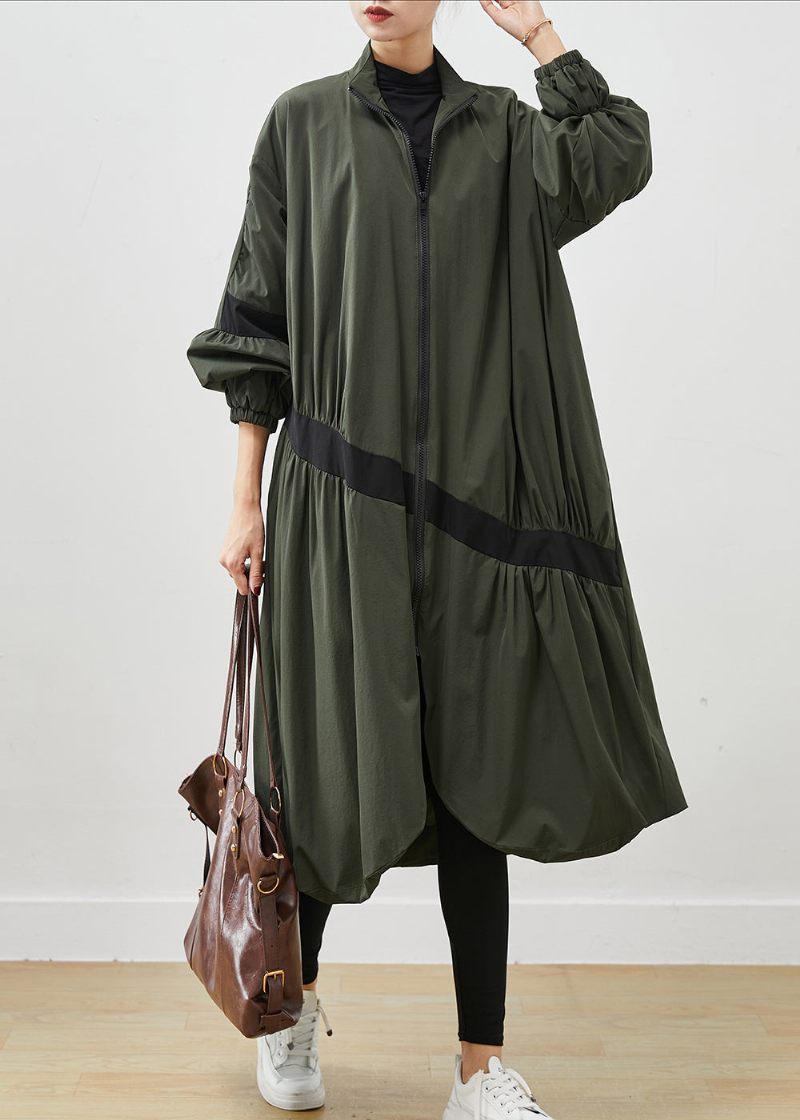 Army Green Patchwork Trench Asymmetrisk Skrynklig Fjäder