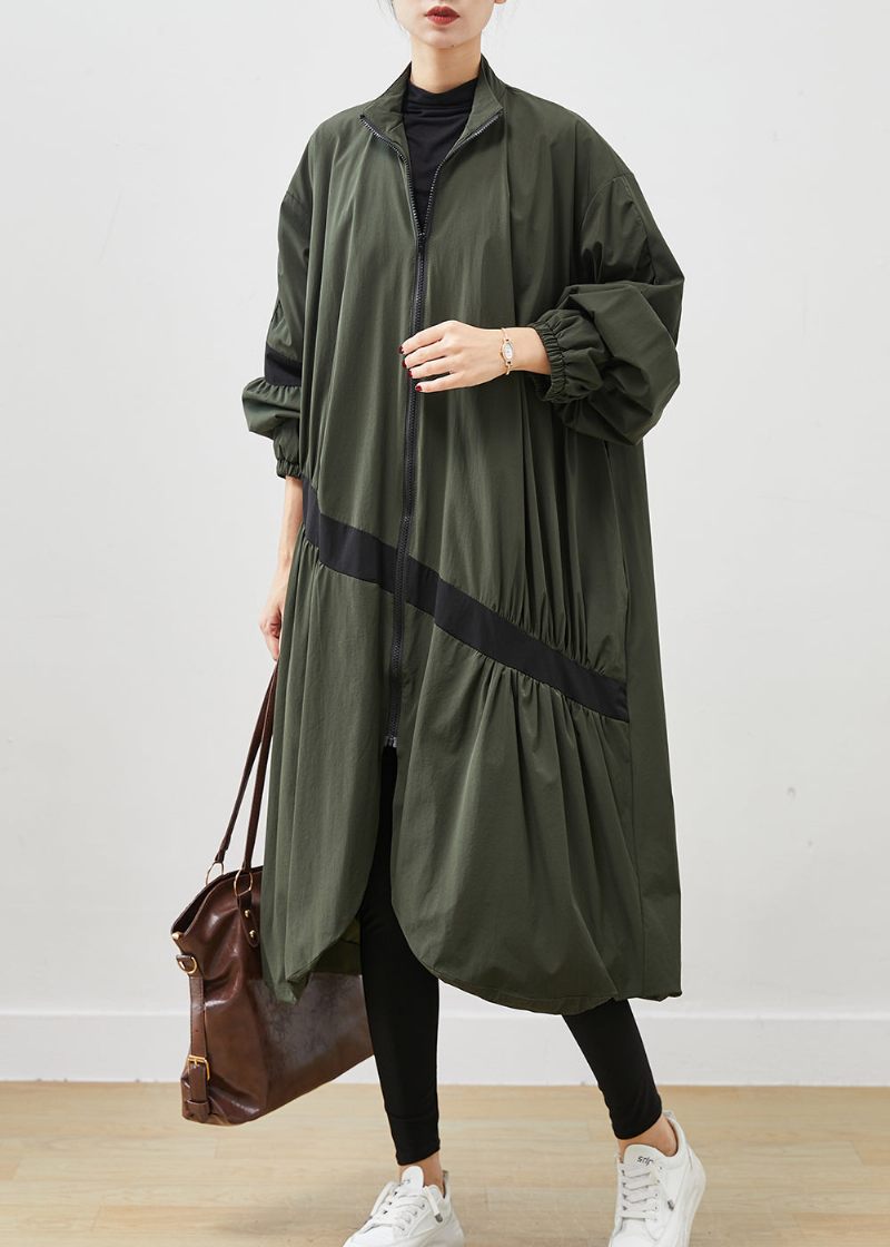 Army Green Patchwork Trench Asymmetrisk Skrynklig Fjäder - Trenchcoats för kvinnor