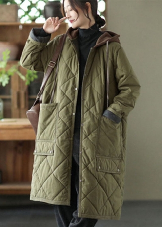 Army Green Pockets Button Tjock Hooded Parka Long Sleeve