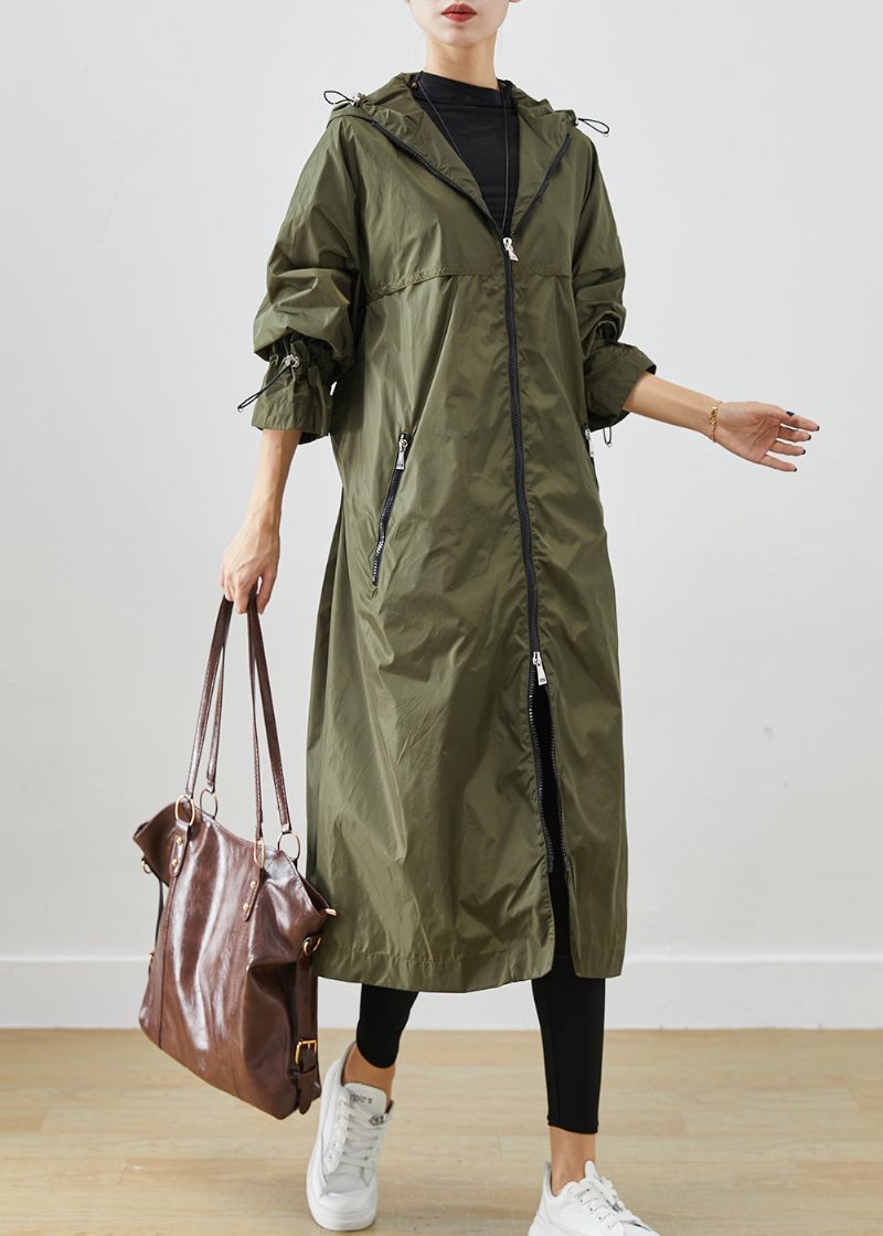 Army Green Spandex Trench Cinched Dragstring Fall - Trenchcoats för kvinnor