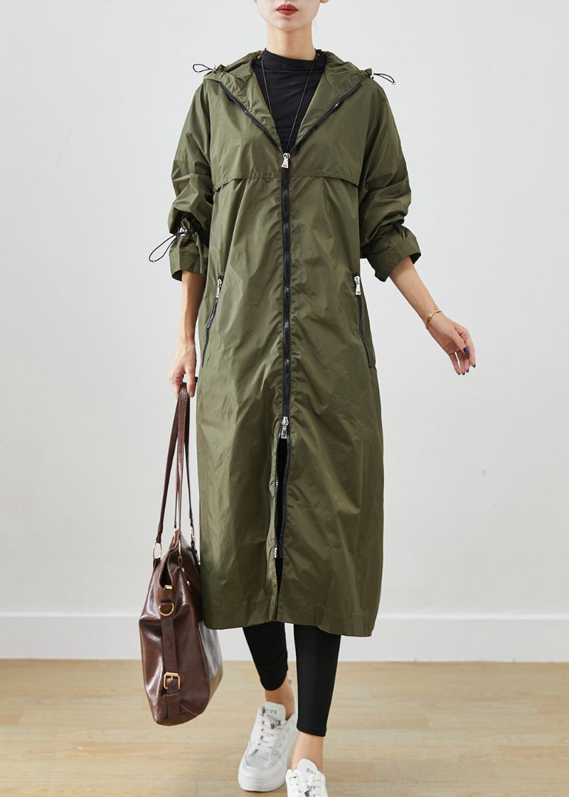 Army Green Spandex Trench Cinched Dragstring Fall - Trenchcoats för kvinnor