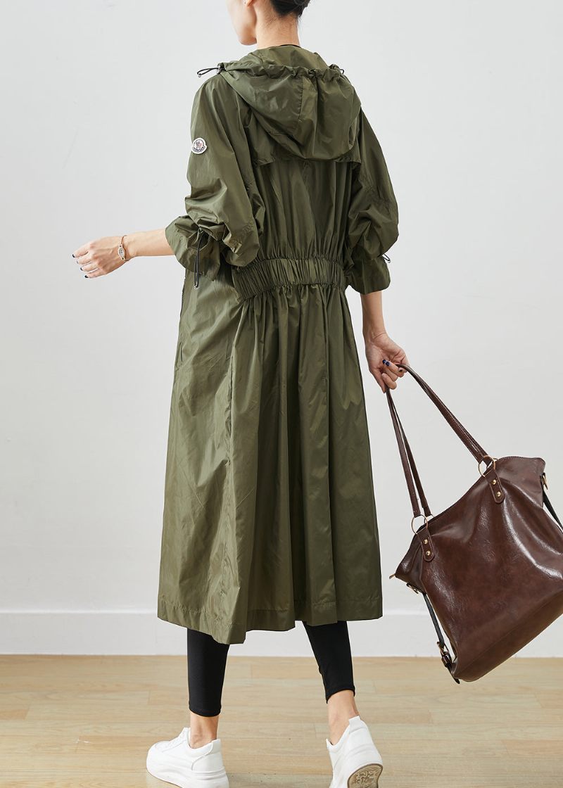 Army Green Spandex Trench Cinched Dragstring Fall - Trenchcoats för kvinnor