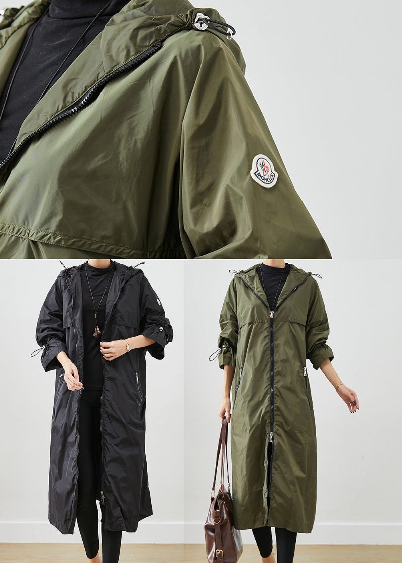 Army Green Spandex Trench Cinched Dragstring Fall - Trenchcoats för kvinnor