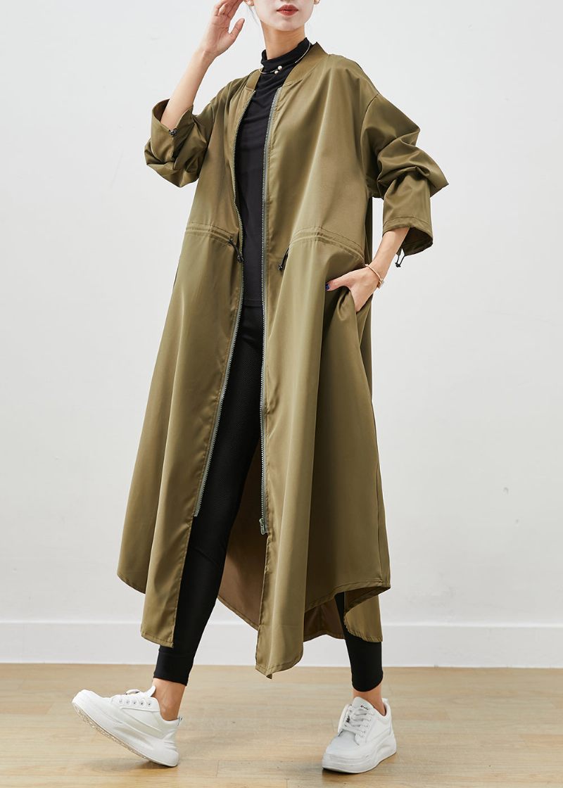 Army Green Spandex Trench Coats Zip Up Dragsko Fall