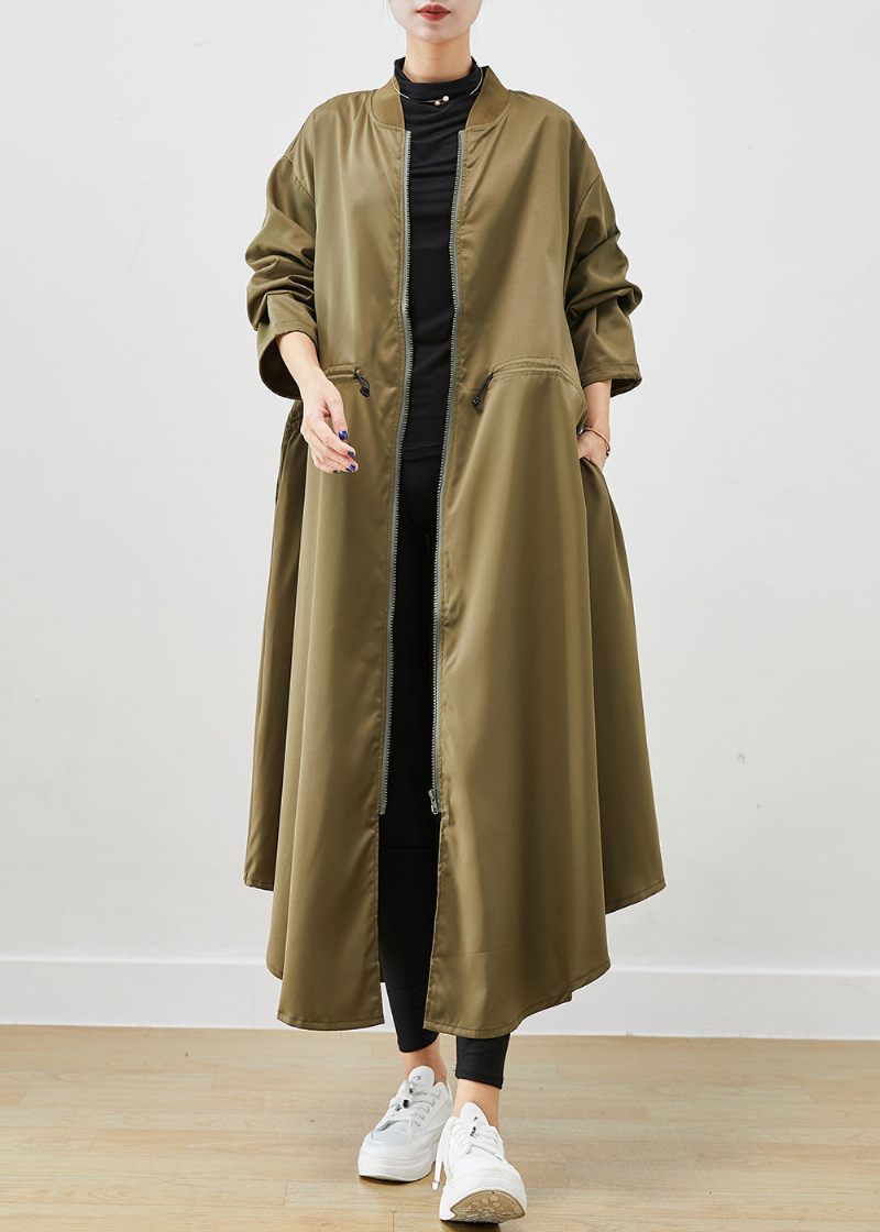 Army Green Spandex Trench Coats Zip Up Dragsko Fall - Trenchcoats för kvinnor