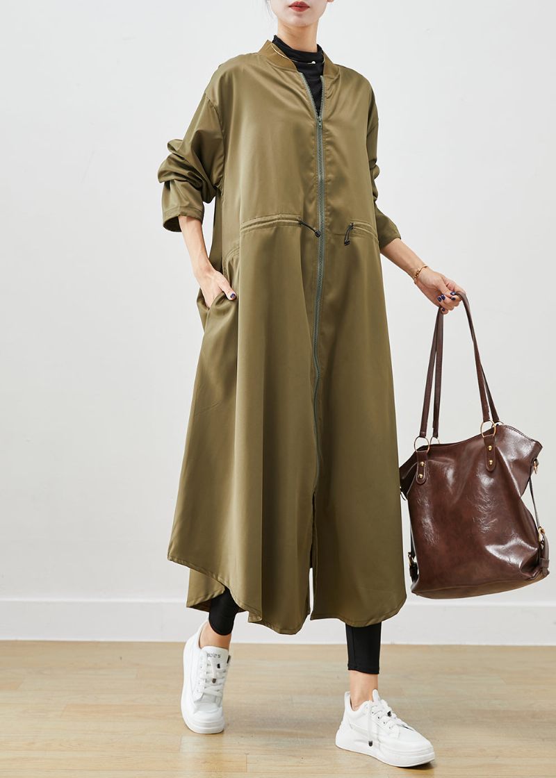 Army Green Spandex Trench Coats Zip Up Dragsko Fall - Trenchcoats för kvinnor