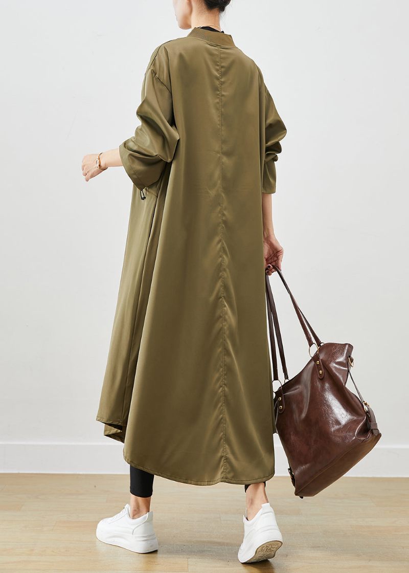 Army Green Spandex Trench Coats Zip Up Dragsko Fall - Trenchcoats för kvinnor