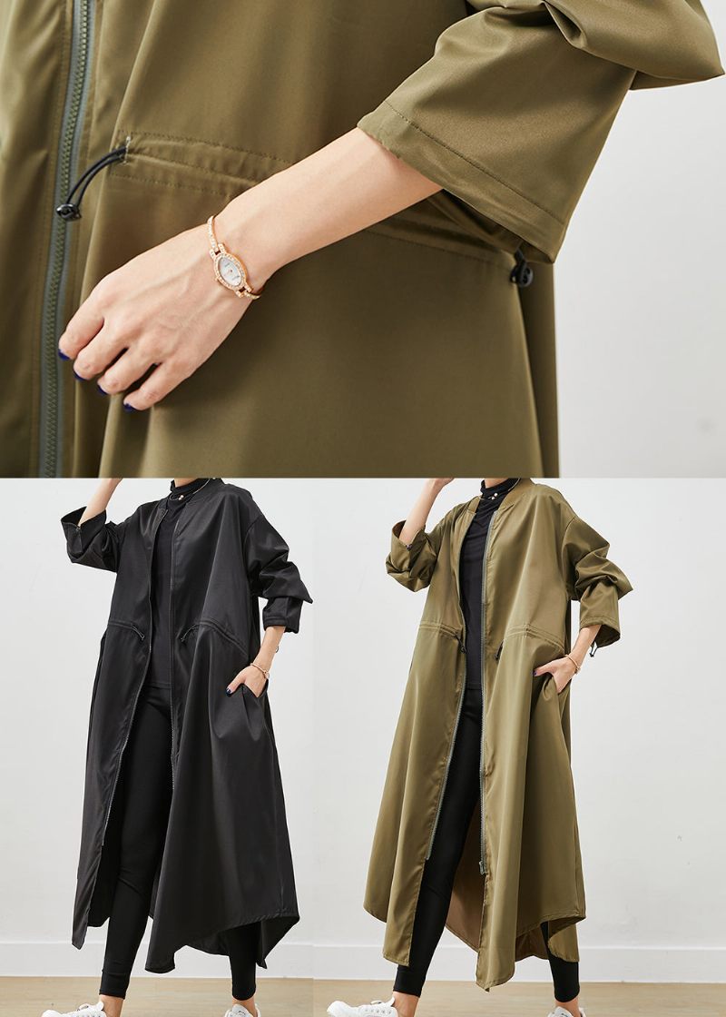 Army Green Spandex Trench Coats Zip Up Dragsko Fall - Trenchcoats för kvinnor