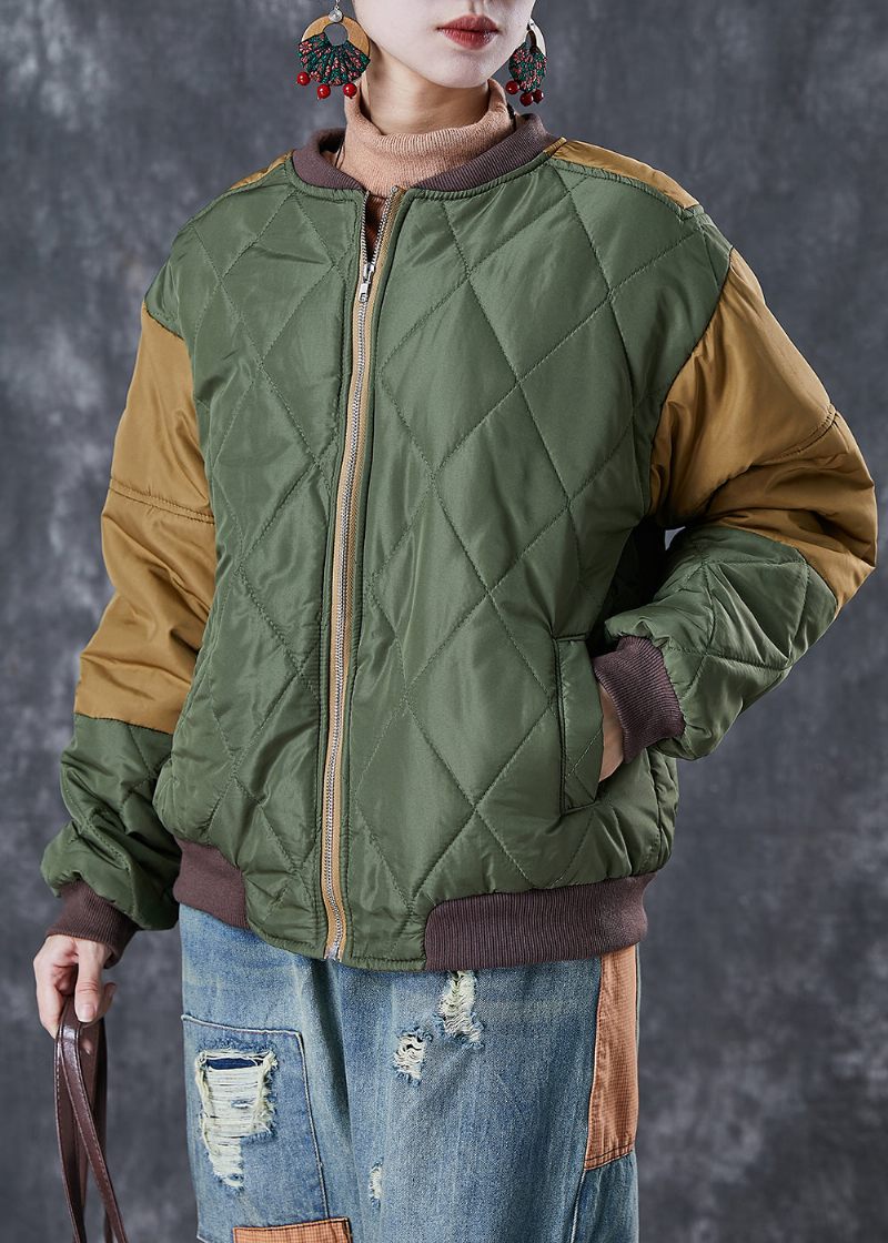 Art Army Green Zip Up Patchwork Fin Bomullsfylld Parkas Winter