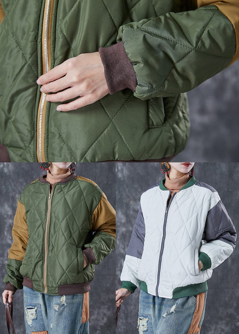 Art Army Green Zip Up Patchwork Fin Bomullsfylld Parkas Winter - Dunjackor för kvinnor