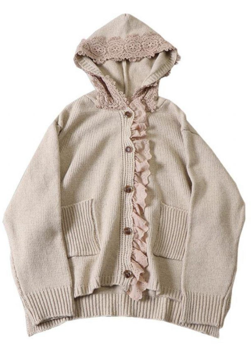 Art Beige Hooded Knappfickor Höststickade Tröjor Kappa - Beige