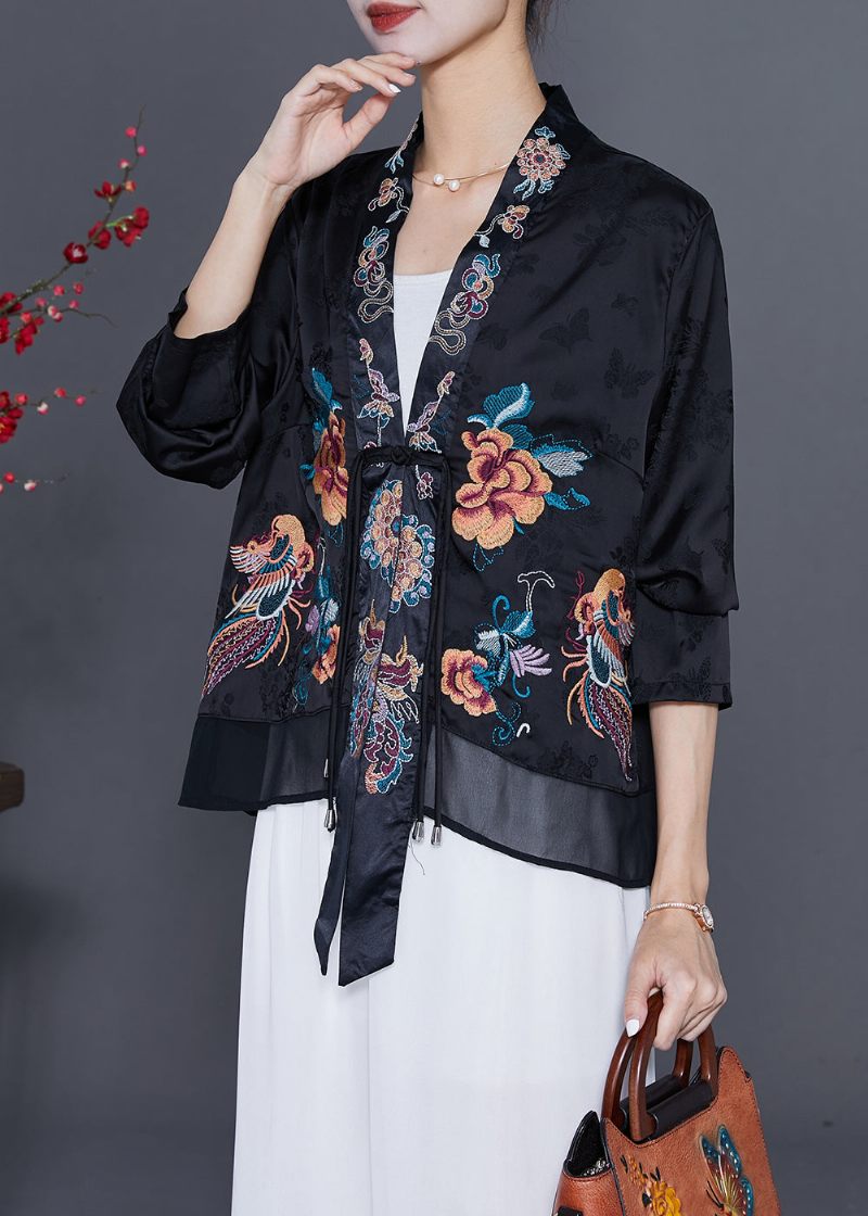 Art Black Brodered Chinese Button Tofs Silk Cardigan Fall