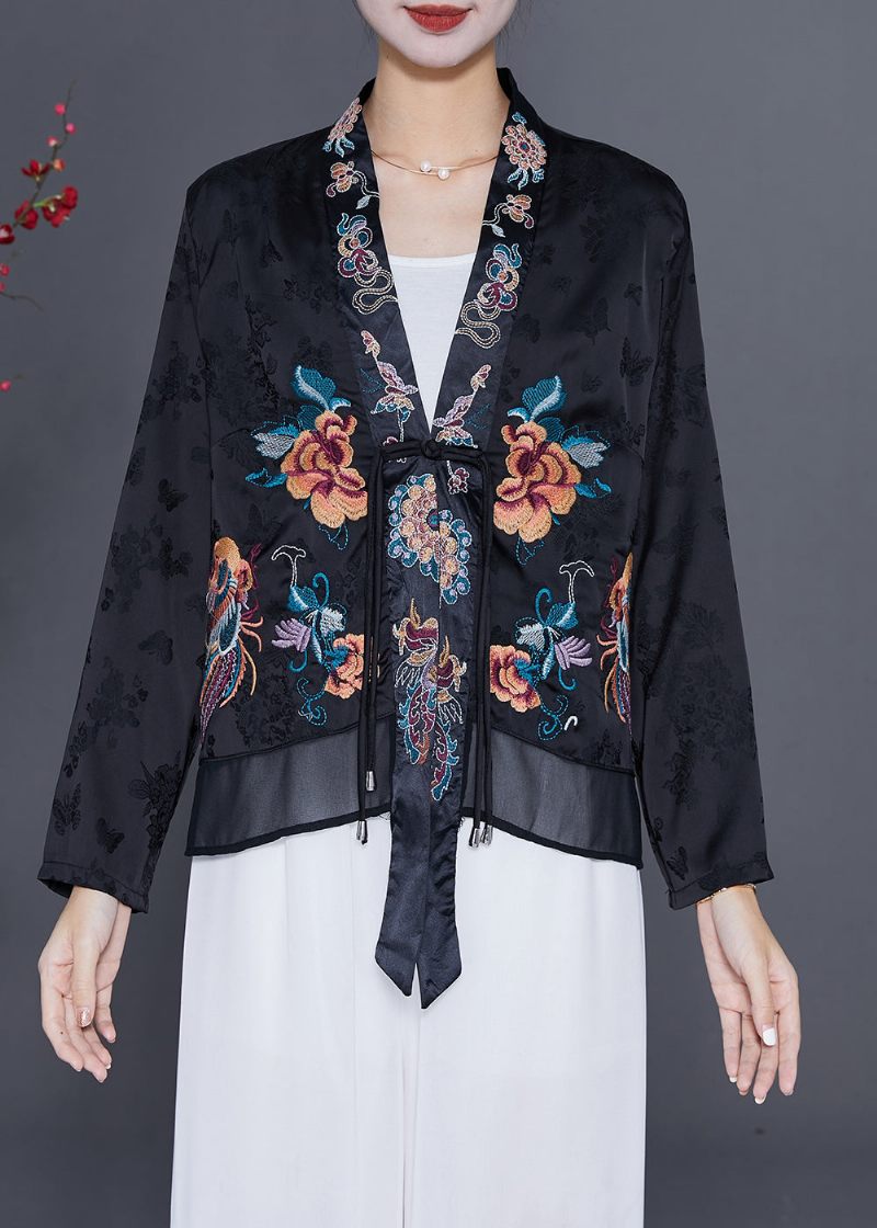 Art Black Brodered Chinese Button Tofs Silk Cardigan Fall - Koftor för kvinnor