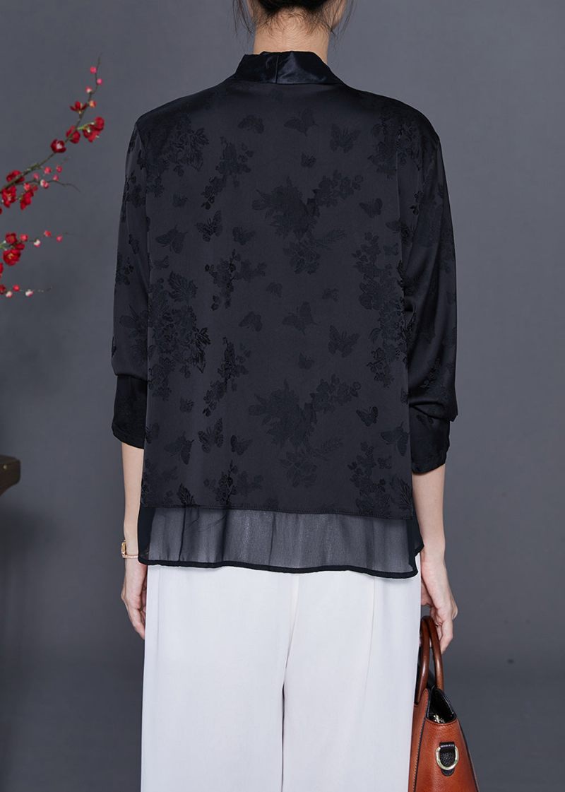 Art Black Brodered Chinese Button Tofs Silk Cardigan Fall - Koftor för kvinnor