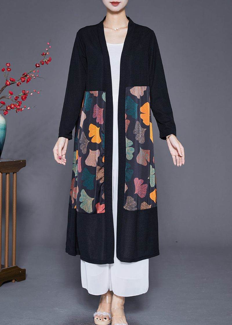 Art Black Oversized Patchwork Leaf Print Silk Cardigan Fall - Koftor för kvinnor