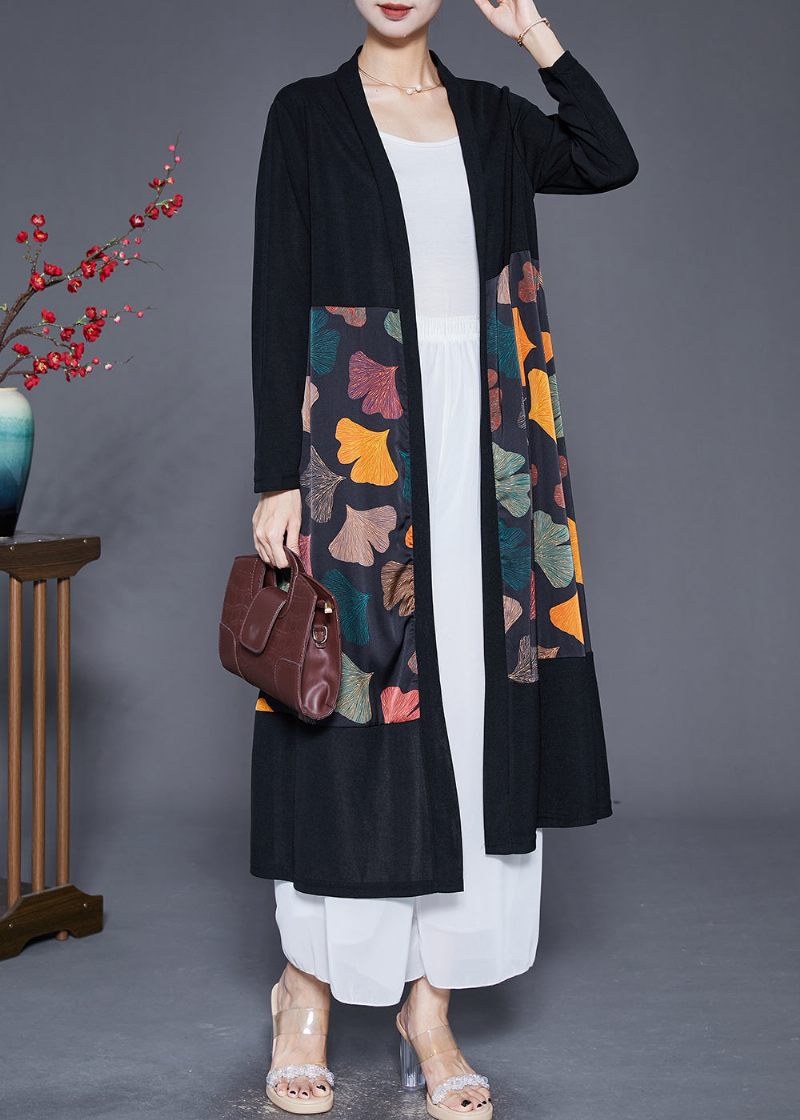 Art Black Oversized Patchwork Leaf Print Silk Cardigan Fall - Koftor för kvinnor