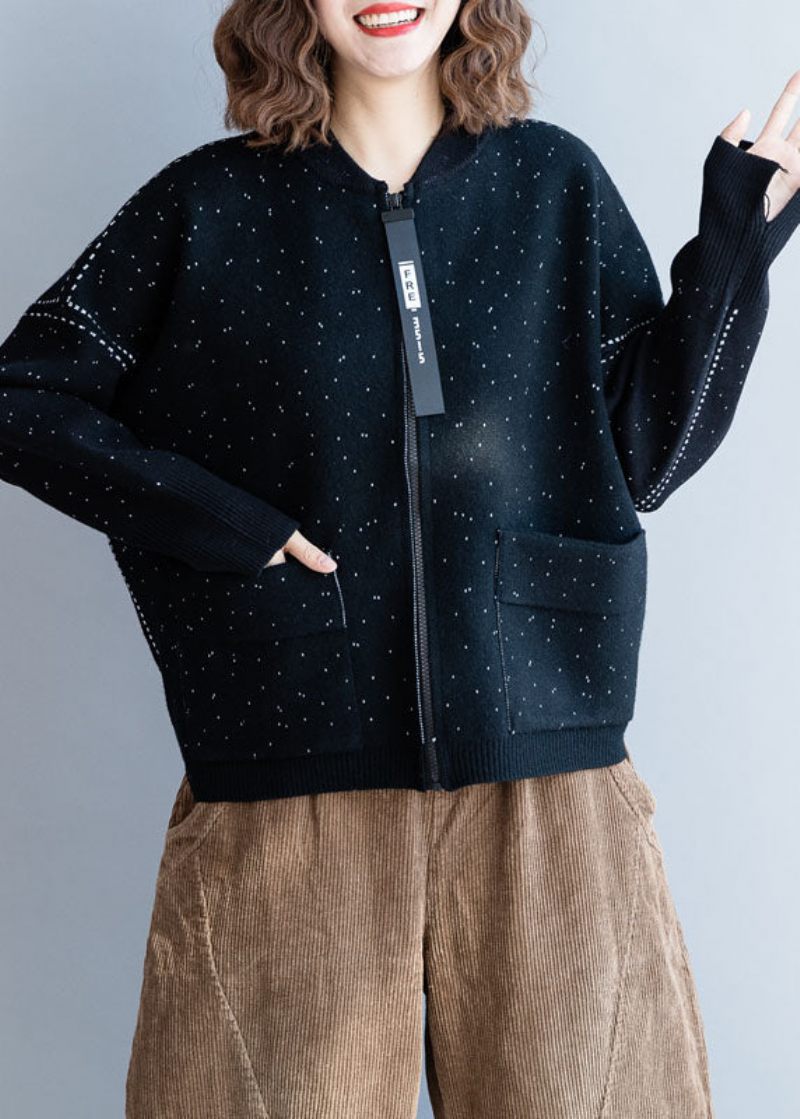 Art Black Stand Krage Zip Up Dot Knit Coats Winter