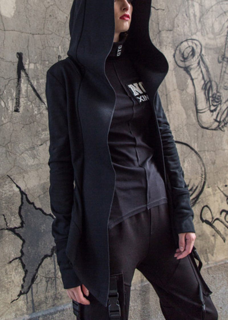 Art Black Zip Up Cotton Hoodie Coat Långärmad