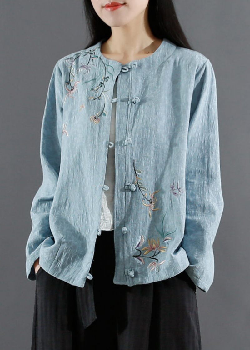 Art Blue Jacquard Broderad Patchwork Cotton Coat Fall