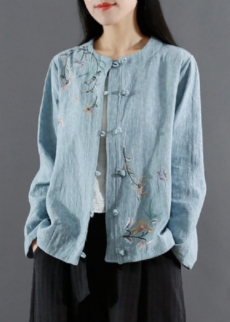 Art Blue Jacquard Broderad Patchwork Cotton Coat Fall