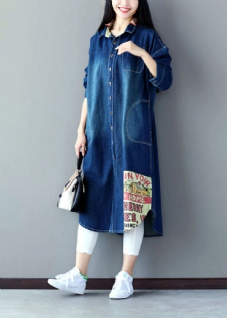 Art Blue Oversized Patchwork Applikation Cotton Denim Trench Spring