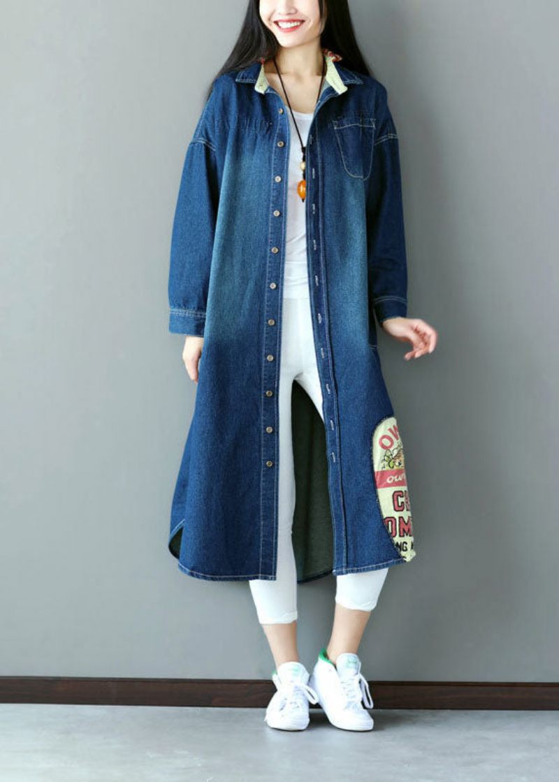 Art Blue Oversized Patchwork Applikation Cotton Denim Trench Spring - Trenchcoats för kvinnor