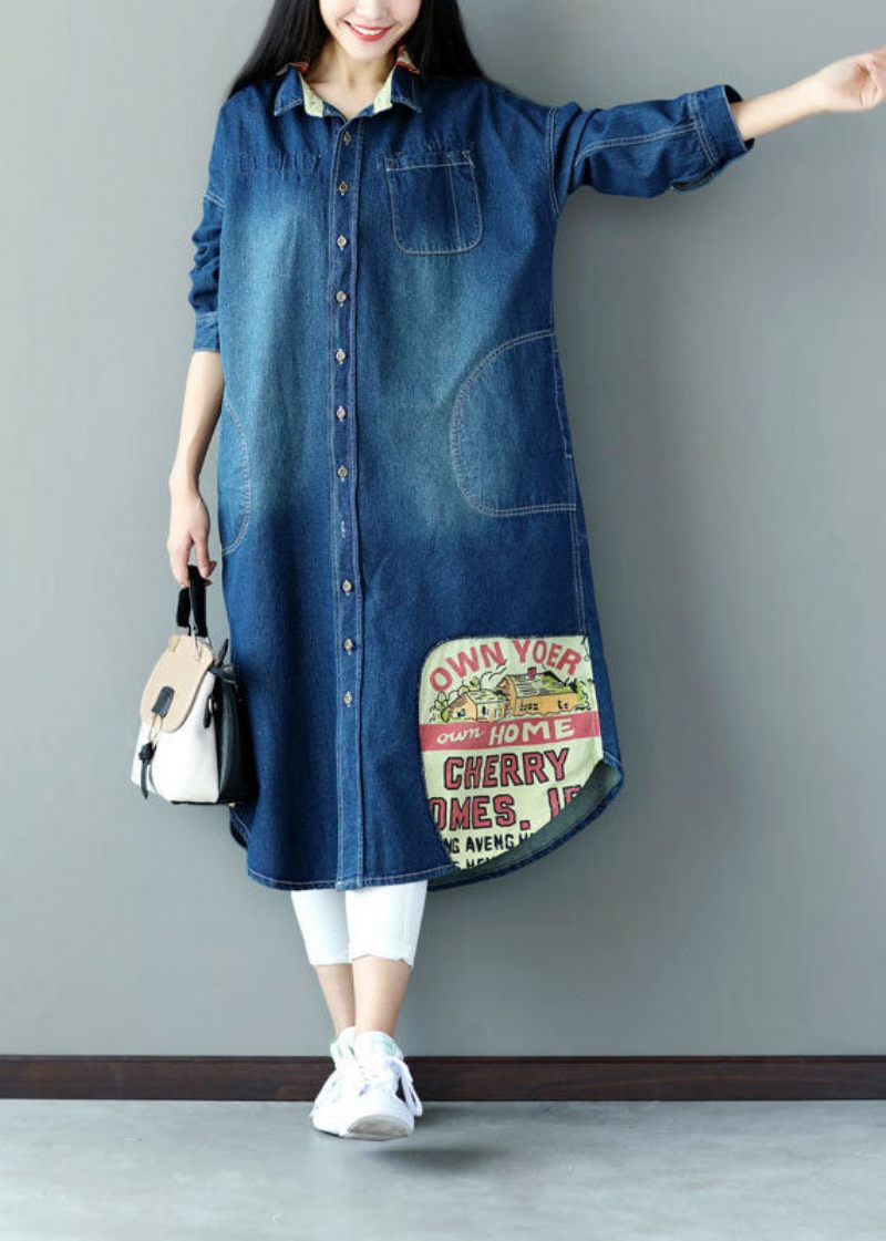 Art Blue Oversized Patchwork Applikation Cotton Denim Trench Spring - Trenchcoats för kvinnor