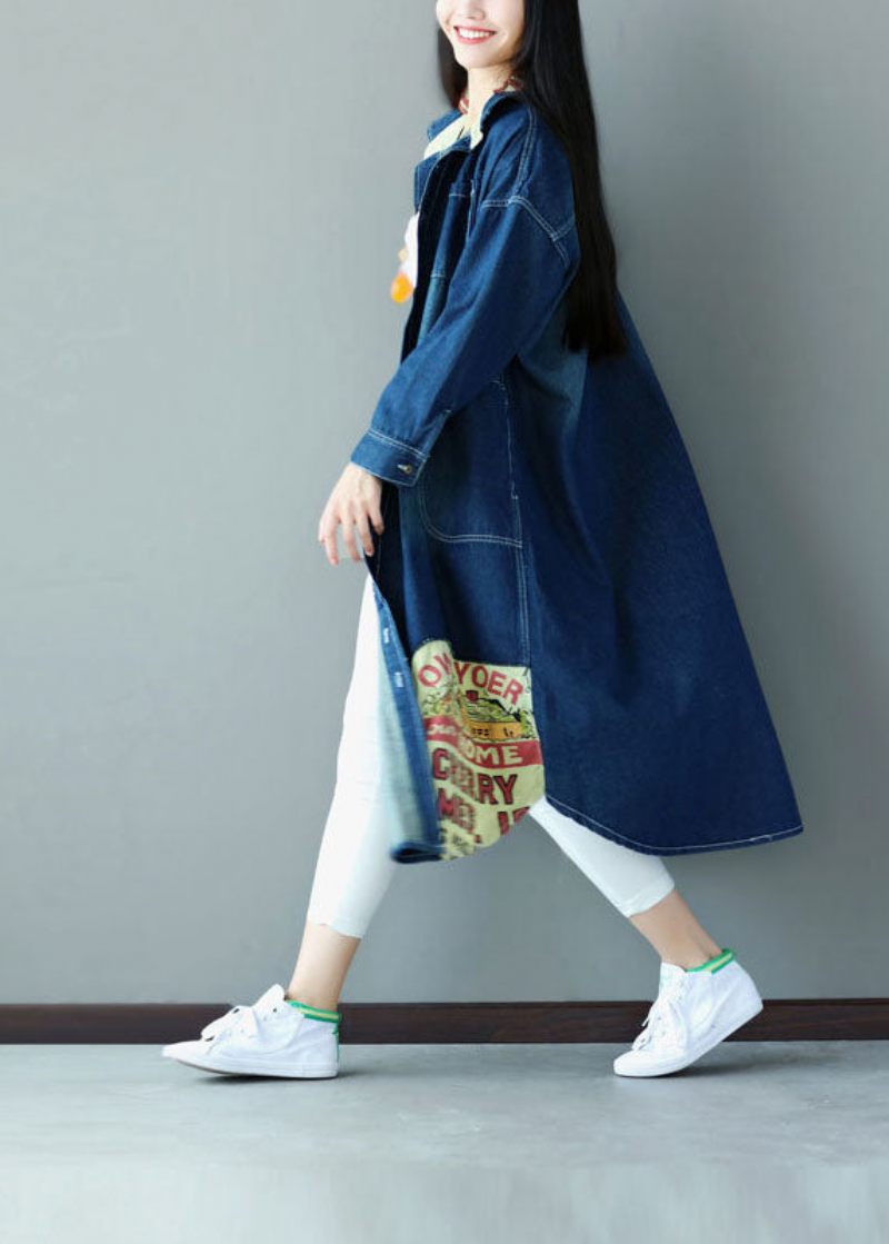 Art Blue Oversized Patchwork Applikation Cotton Denim Trench Spring - Trenchcoats för kvinnor